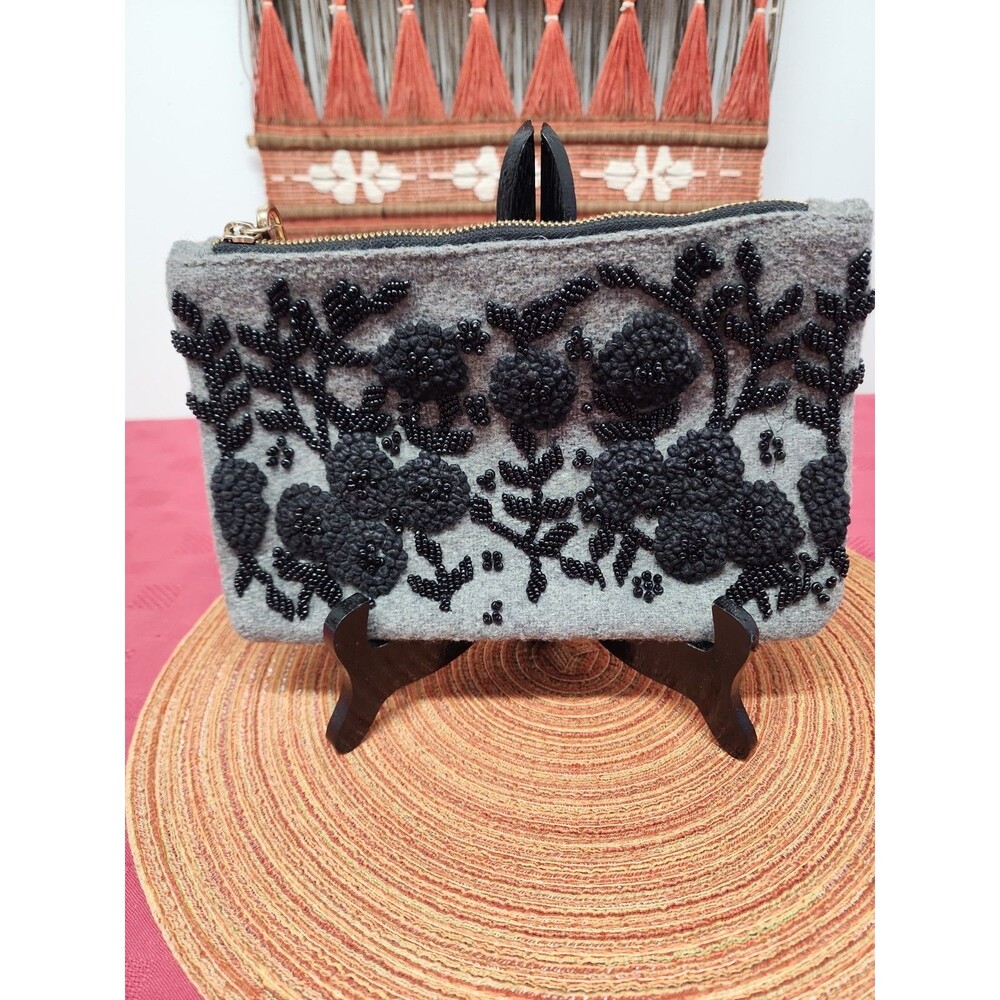 Violet & Brooks Maisie Grey Beaded Felted Wool Clutch EUC